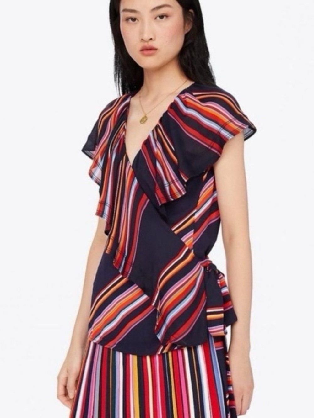 Tory Burch Navy Adelia Wrap Top with Multi-Color Stripes | Size 12